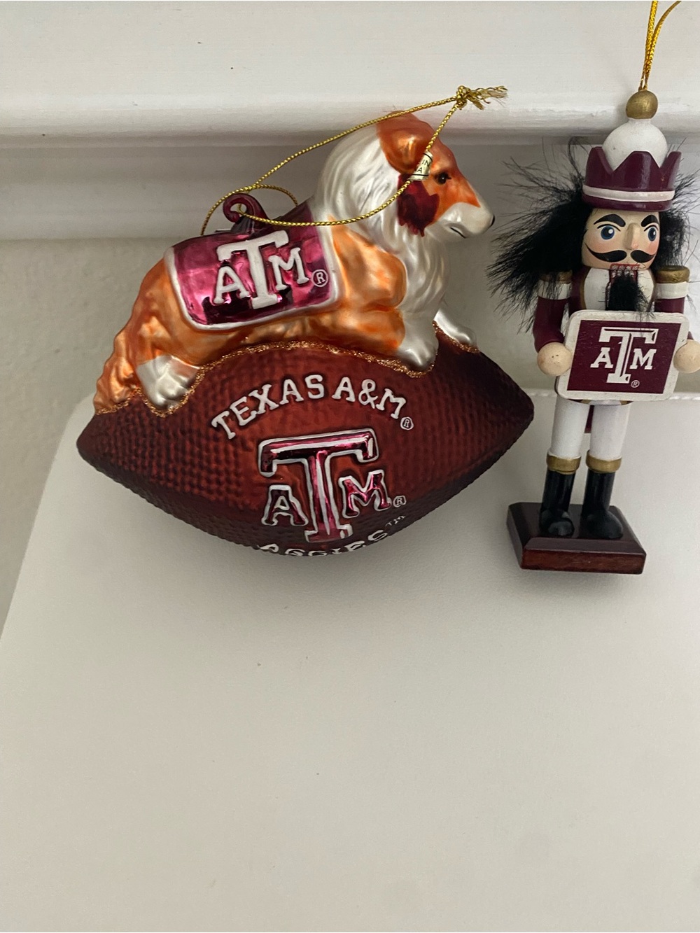 Texas A&M Aggies Christmas Ornament Lot 5” Glass Reveille & 5.5” Mini Nutcracker